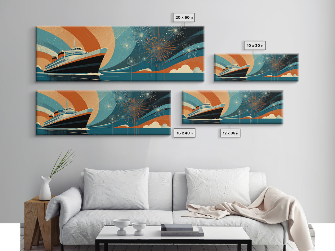 Retro Ocean Liner With Fireworks Wall Art, Mid Century Modern Travel Poster, Cruise Ship Decor, Framed Canvas Print Gift