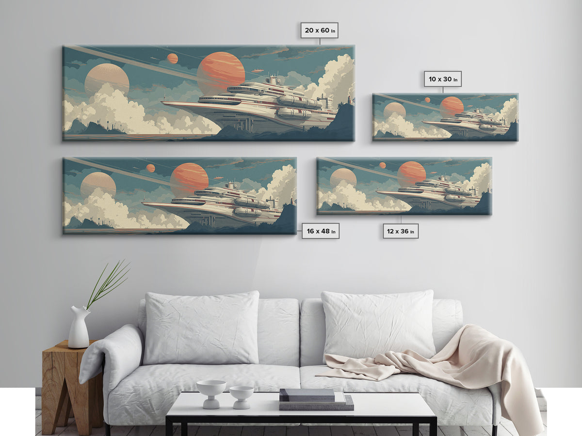 Futuristic Space Cruise Ship Canvas Print, Retro Sci Fi Wall Art, Planet Travel Poster, Modern Home Decor For Office Room
