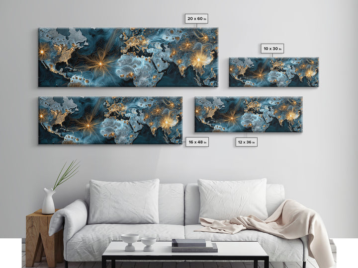 Blue Topographic World Map With Golden City Lights, Canvas Print, Modern Wall Art, Global Abstract Office Decor Poster Print