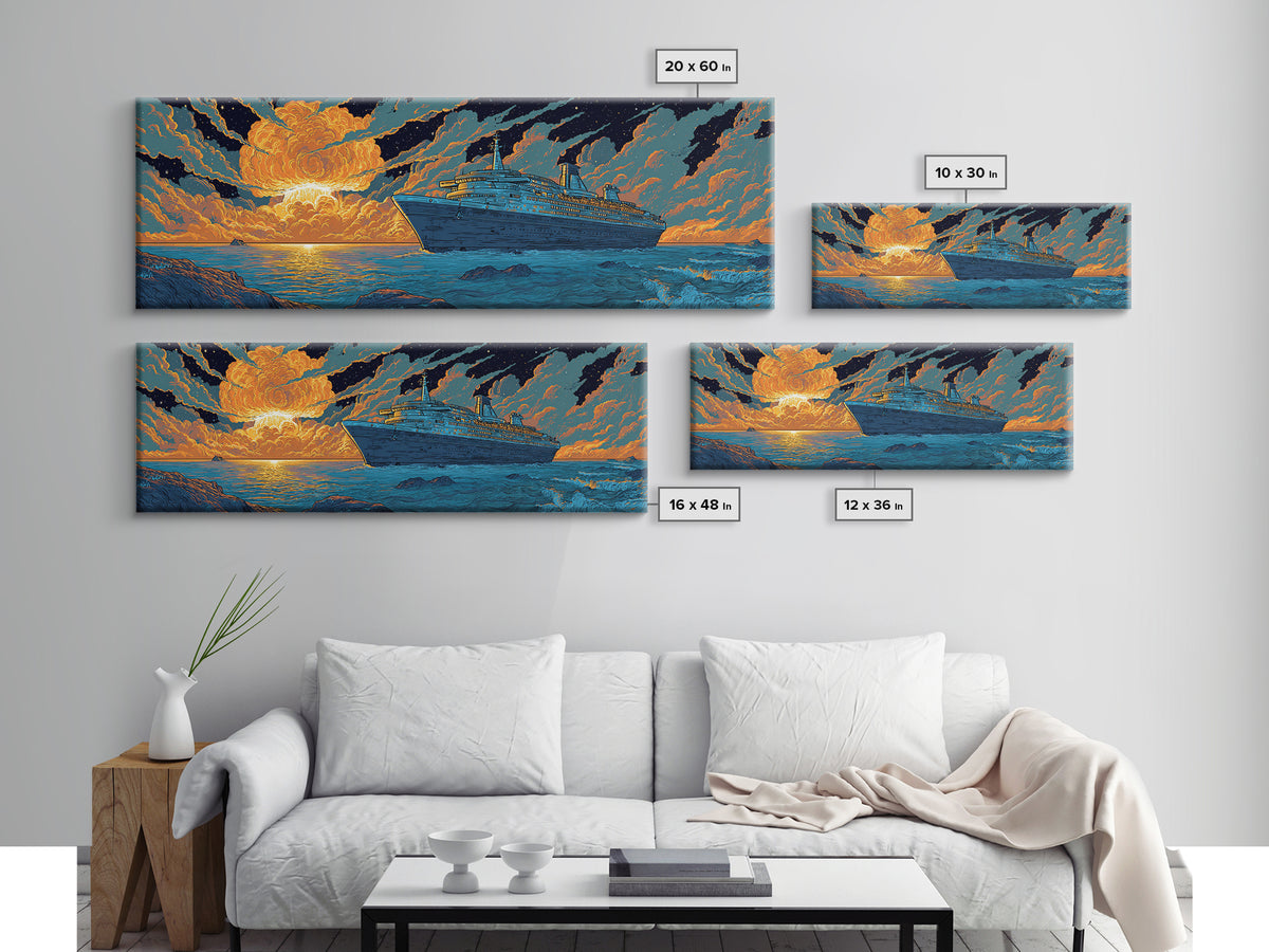Dramatic Cruise Ship At Sunset Wall Art, Retro Ocean Travel Poster, Sci Fi Seascape Decor, Large Canvas Print Gift For Living Room