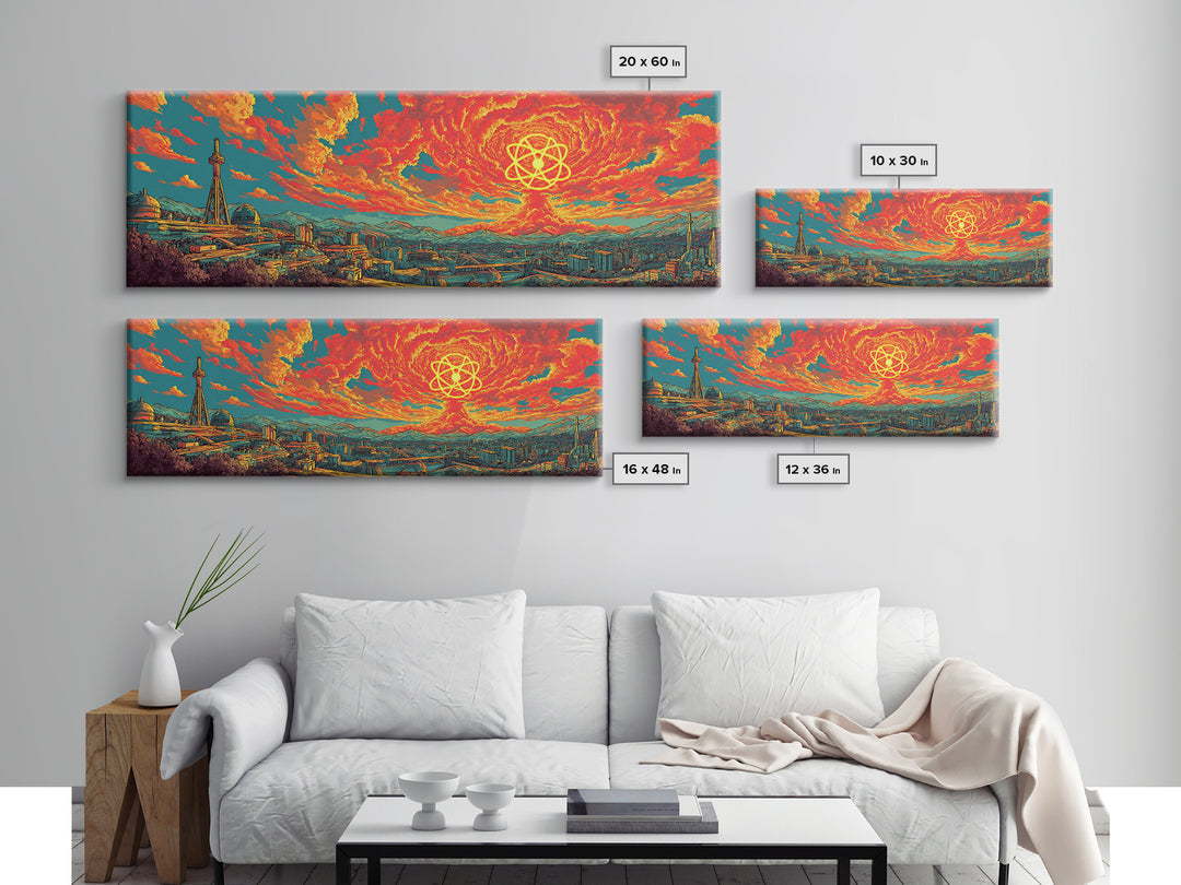 Fiery Atomic Sun Over Retro City Skyline Wall Art, Midcentury Modern Art Print, Bright Abstract Decor, Sci Fi Poster, Home Decor