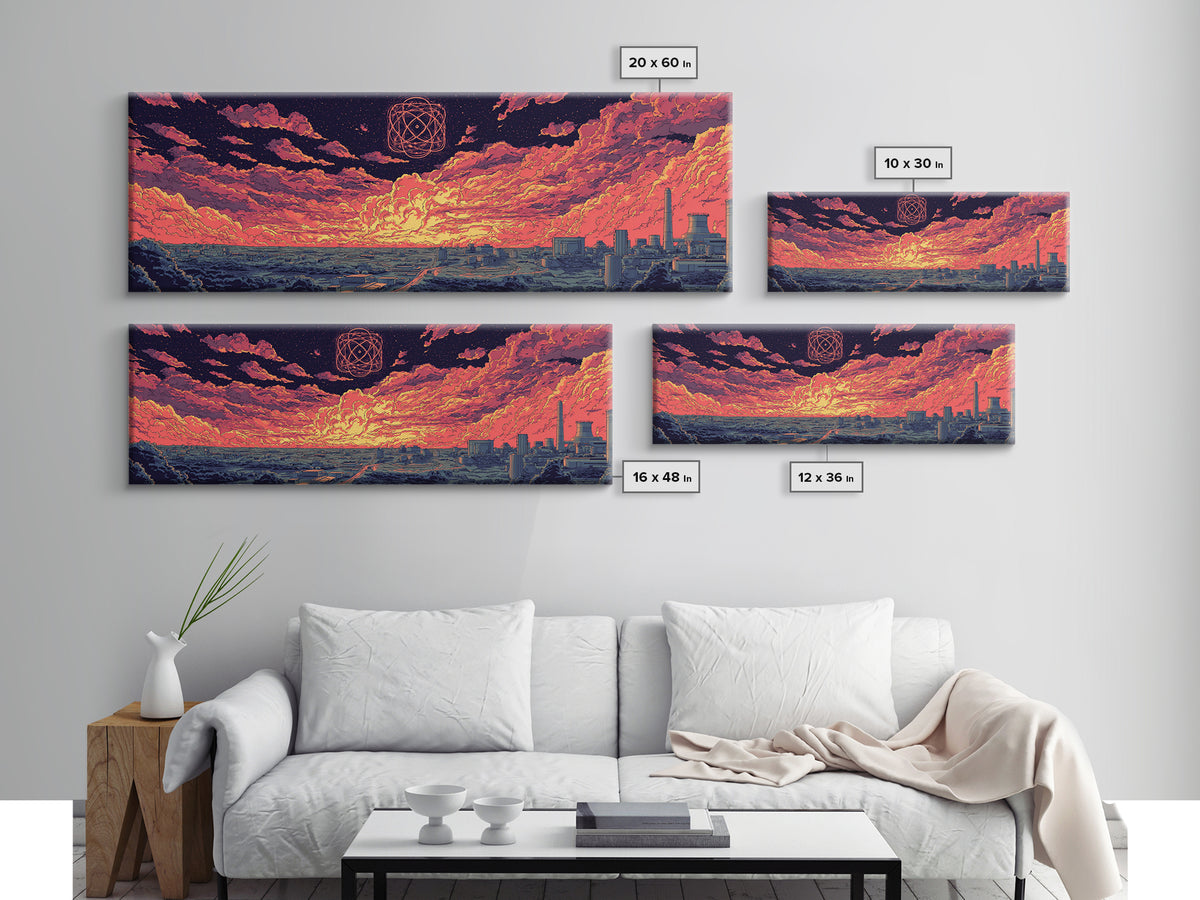 Atomic Sunset Over Industrial Coast Wall Art, Retro Sci Fi Landscape, Midcentury Modern Decor, Colorful Abstract Print, Poster