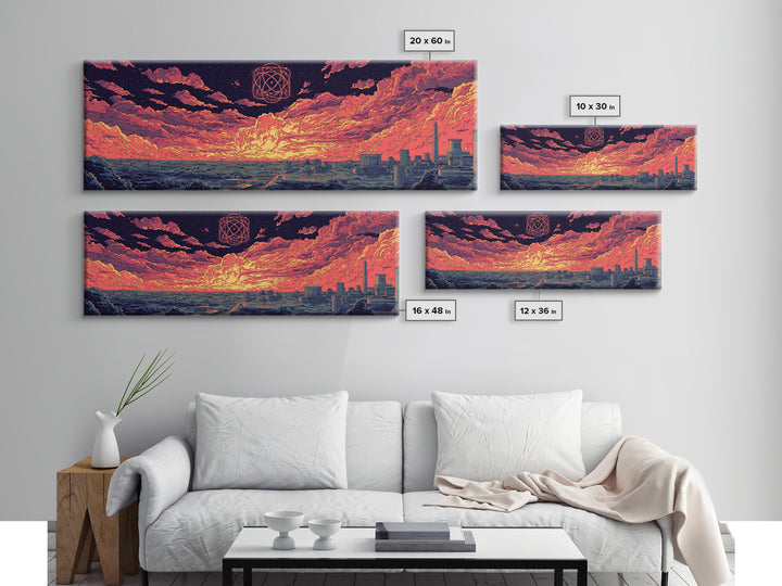 Atomic Sunset Over Industrial Coast Wall Art, Retro Sci Fi Landscape, Midcentury Modern Decor, Colorful Abstract Print, Poster
