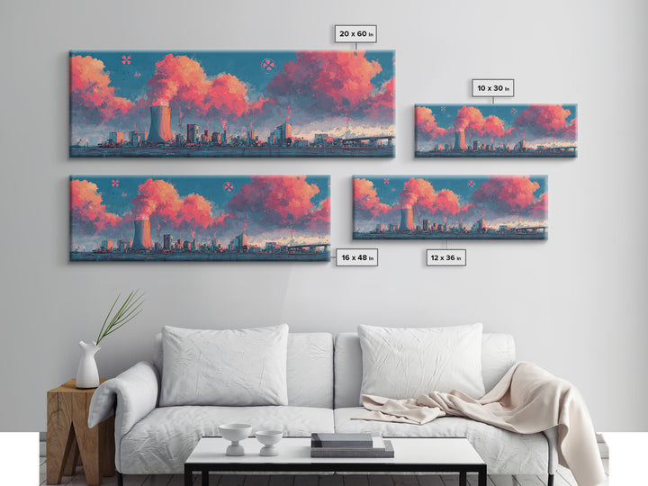 Pink Vapor Clouds Above Nuclear Plant Wall Art, Industrial Skyline Canvas Print, Retro Futuristic Modern Home Decor, Office Decor