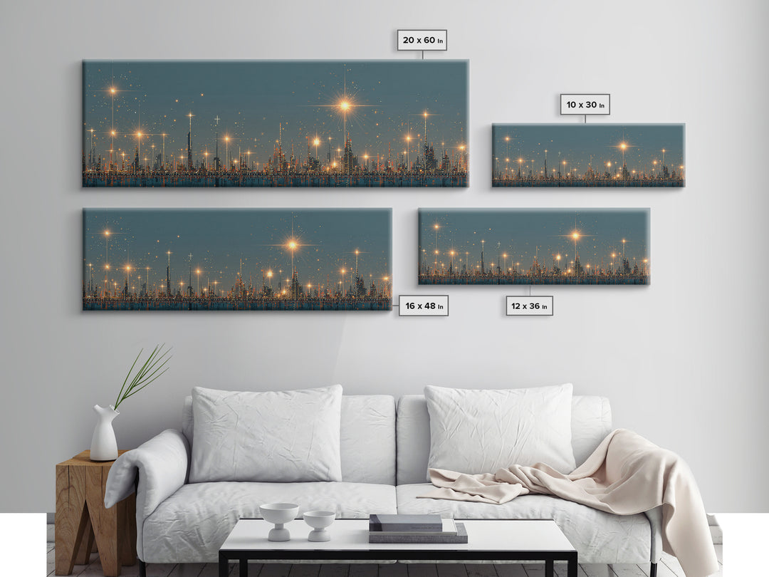 Golden Starbursts Over Night City Skyline Wall Art, Modern Abstract Art Print, Futuristic Urban Decor, Large Canvas Print