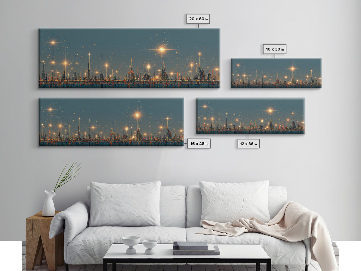 Golden Starbursts Over Night City Skyline Wall Art, Modern Abstract Art Print, Futuristic Urban Decor, Large Canvas Print