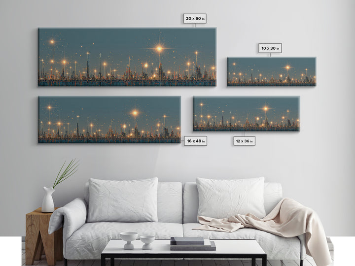 Golden Starbursts Over Night City Skyline Wall Art, Modern Abstract Art Print, Futuristic Urban Decor, Large Canvas Print
