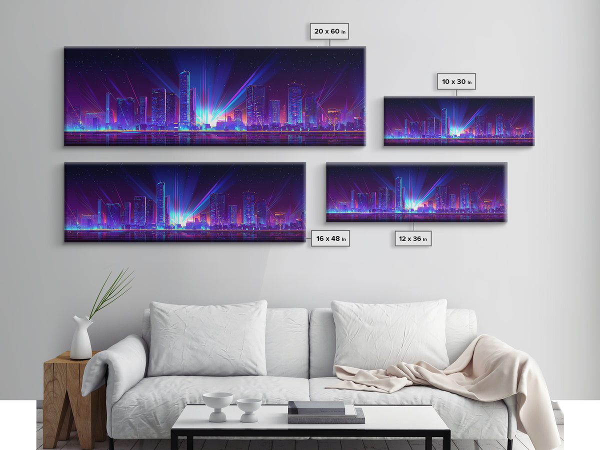 Neon Laser City Skyline At Night Wall Art, Cyberpunk Modern Art Print, Blue Purple Futuristic Decor, Large Canvas Print, Poster