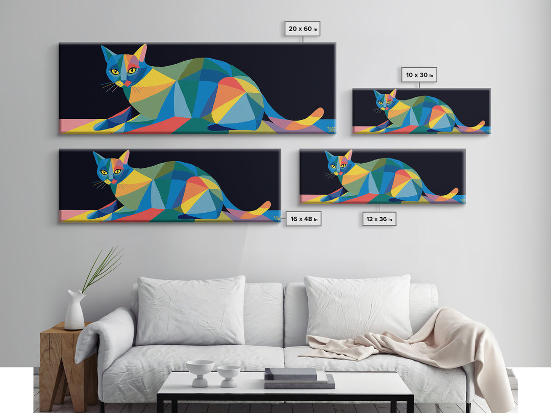 Colorful Low Poly Cat Reclining On Rainbow Shapes, Wall Art, Modern Geometric Art Print, Cat Lovers Gift, Funky Decor Poster