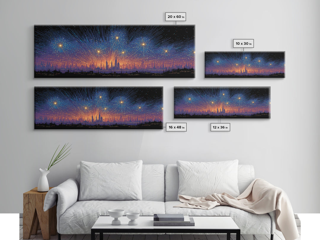 Starry Digital Fireworks Above Distant Skyline Wall Art, Modern Abstract Art Print, Futuristic Night Decor, Canvas Print