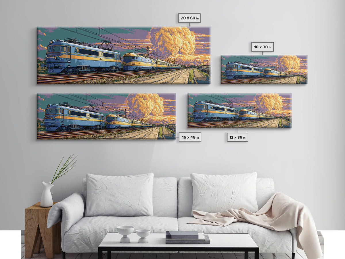 Blue Electric Trains Canvas Print, Atomic Explosion Rail Scene, Midcentury Modern Wall Art, Retro Sci Fi Travel Decor Poster