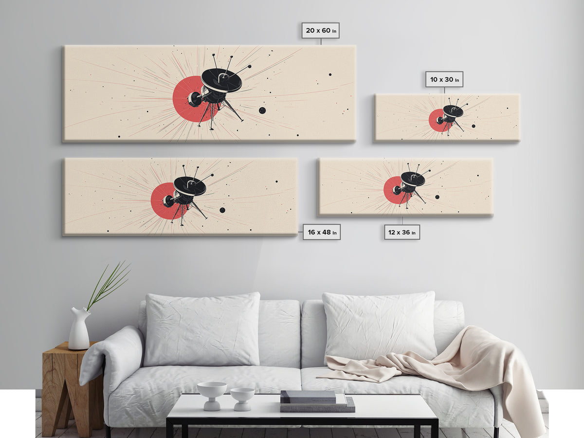 Minimal Black Space Probe Wall Art, Red Sunburst Abstract Satellite Print, Modern Sci Fi Poster, Retro Home Office Decor