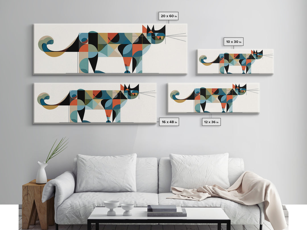 Abstract Mid Century Cat With Geometric Shapes, Canvas Print, Modern Wall Art, Bauhaus Poster, Minimalist Home Decor Print