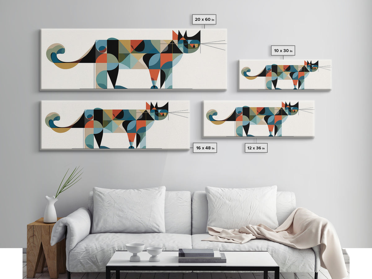 Abstract Mid Century Cat With Geometric Shapes, Canvas Print, Modern Wall Art, Bauhaus Poster, Minimalist Home Decor Print