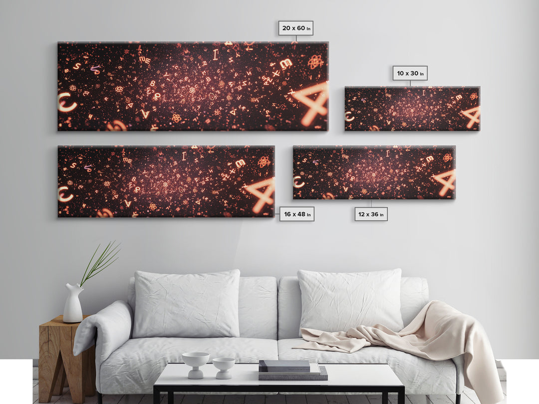 Glowing Orange Symbol Field Wall Art, Abstract Math Particle Poster, Modern Digital Art, Sci Fi Futuristic Office Decor Print