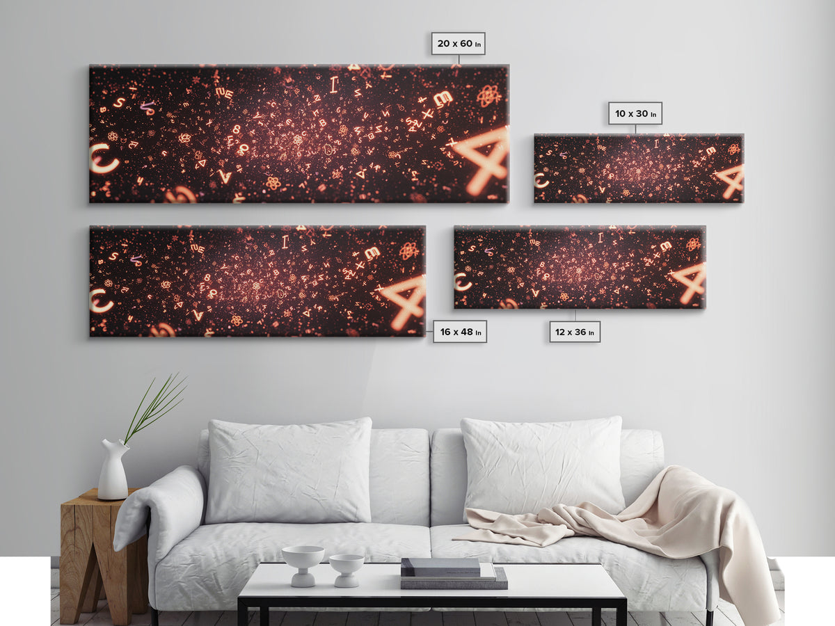 Glowing Orange Symbol Field Wall Art, Abstract Math Particle Poster, Modern Digital Art, Sci Fi Futuristic Office Decor Print