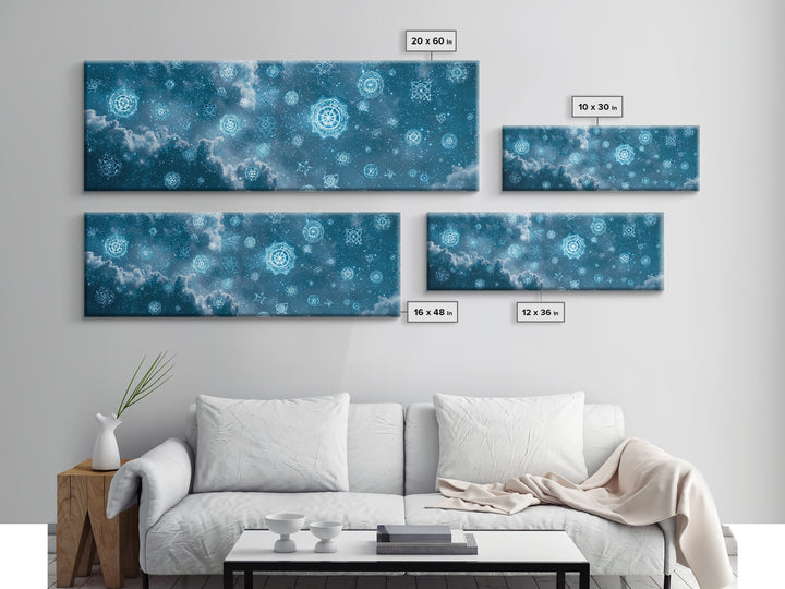 Glowing Teal Celestial Mandala Cloudscape Wall Art, Spiritual Geometric Art Print, Modern Home Decor, Cosmic Sky Poster For Bedroom