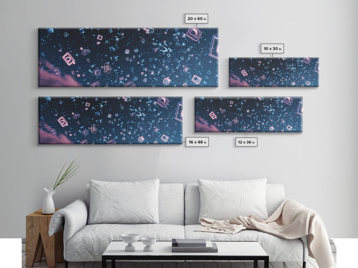 Neon Geometric Shapes Floating In Starry Sky Wall Art, Retro Futuristic Poster, Modern Abstract Art, Blue Pink Decor Print