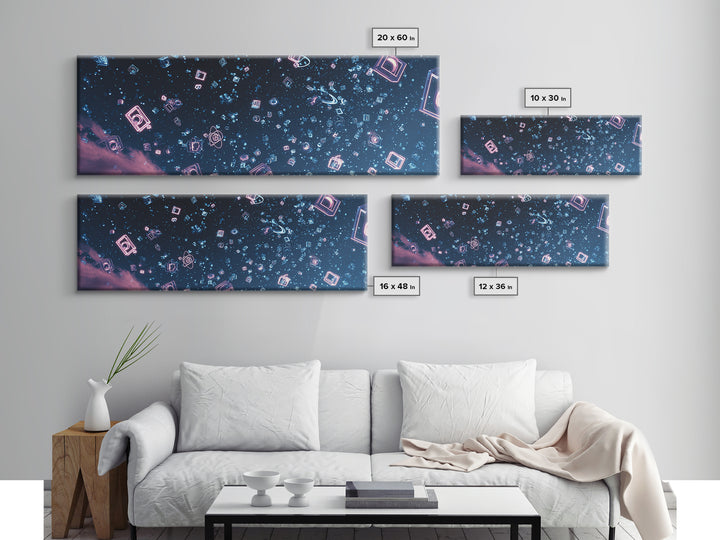 Neon Geometric Shapes Floating In Starry Sky Wall Art, Retro Futuristic Poster, Modern Abstract Art, Blue Pink Decor Print