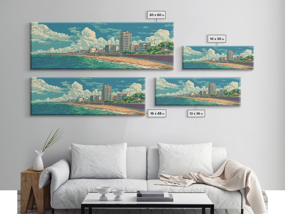 Sunny Coastal City Beach And Turquoise Sea Wall Art, Retro Travel Poster, Midcentury Modern Decor, Ocean Living Room Print
