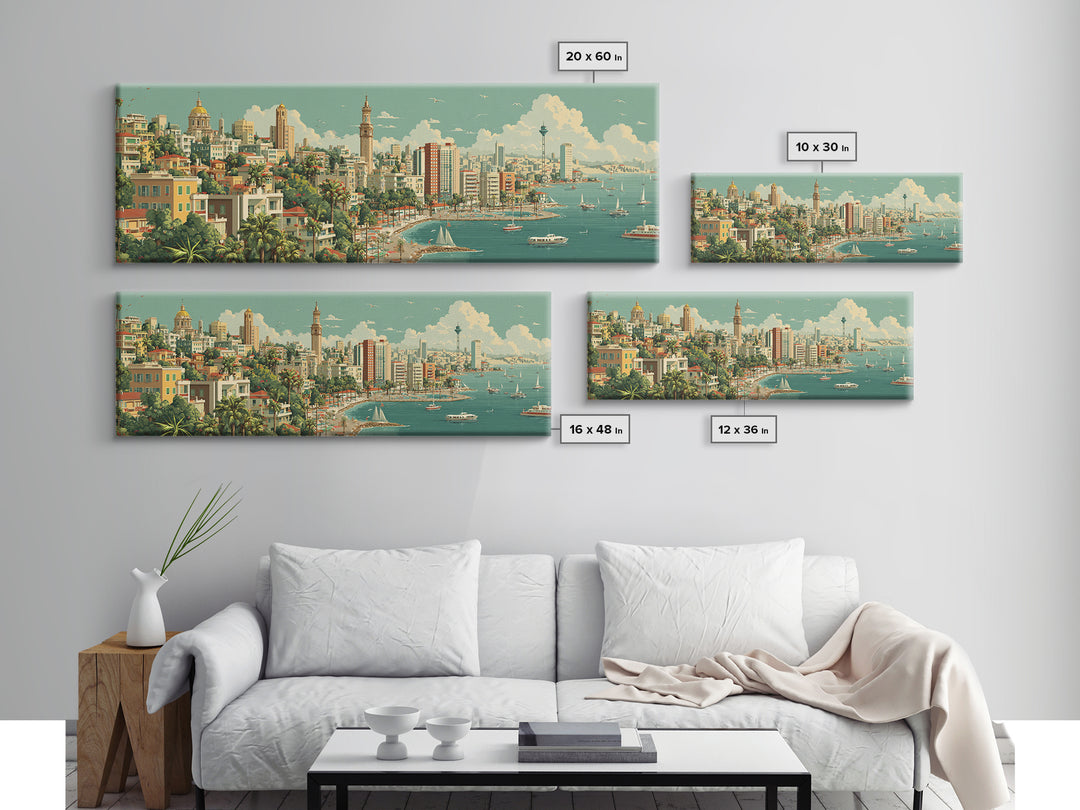 Lush Harbor City Skyline With Boats Canvas Print, Retro Travel Wall Art, Midcentury Modern Decor, Coastal Living Room Poster