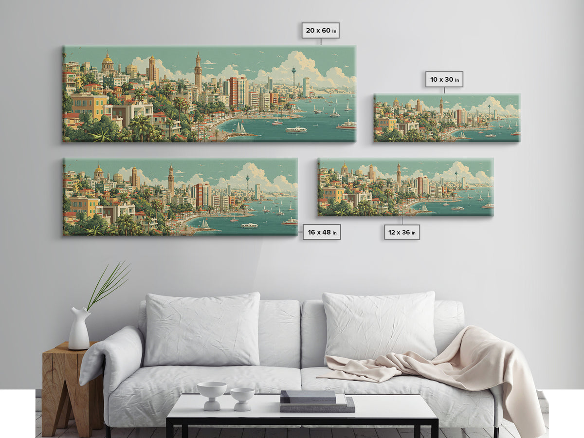 Lush Harbor City Skyline With Boats Canvas Print, Retro Travel Wall Art, Midcentury Modern Decor, Coastal Living Room Poster