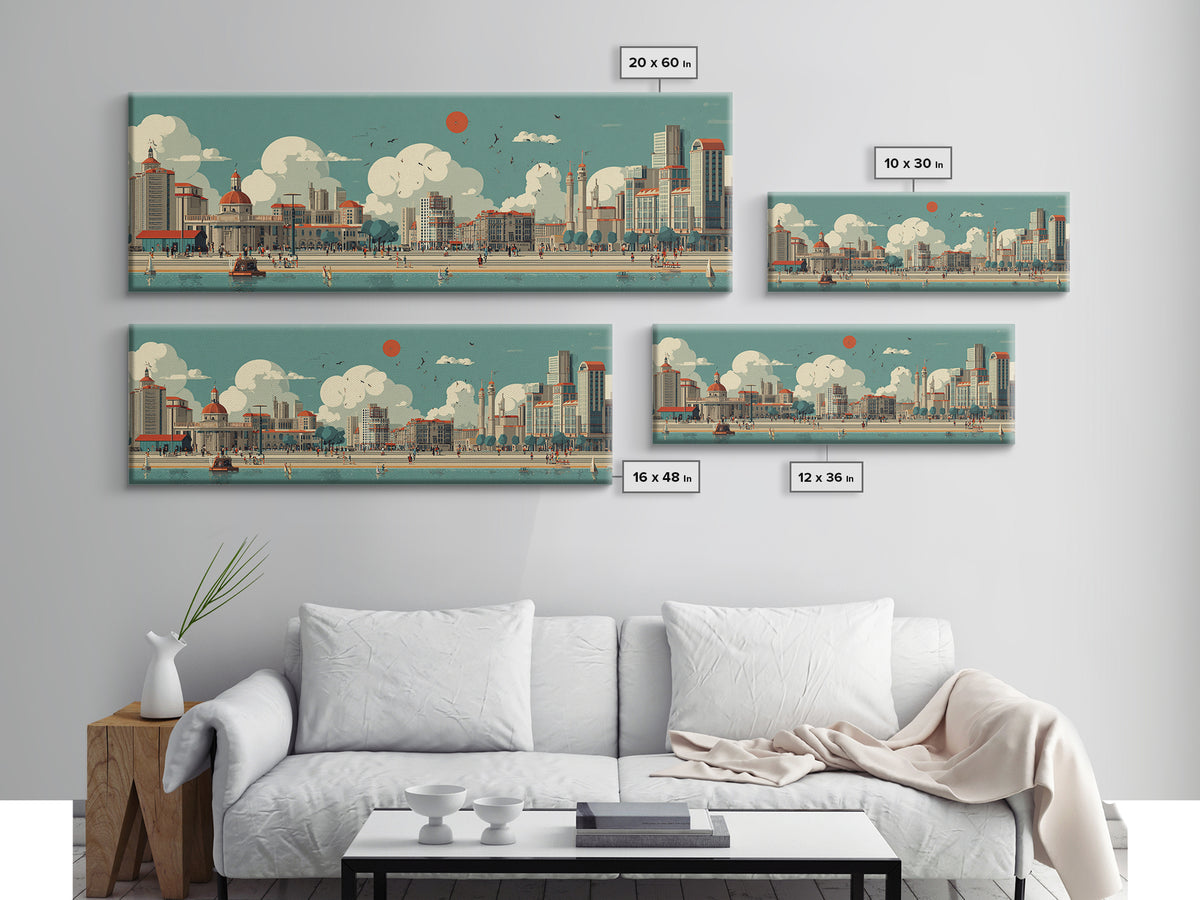Retro Waterfront Promenade With Red Sun Wall Art, Midcentury Modern City Poster, Coastal Travel Print, Living Room Decor