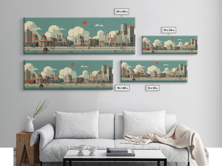 Retro Waterfront Promenade With Red Sun Wall Art, Midcentury Modern City Poster, Coastal Travel Print, Living Room Decor