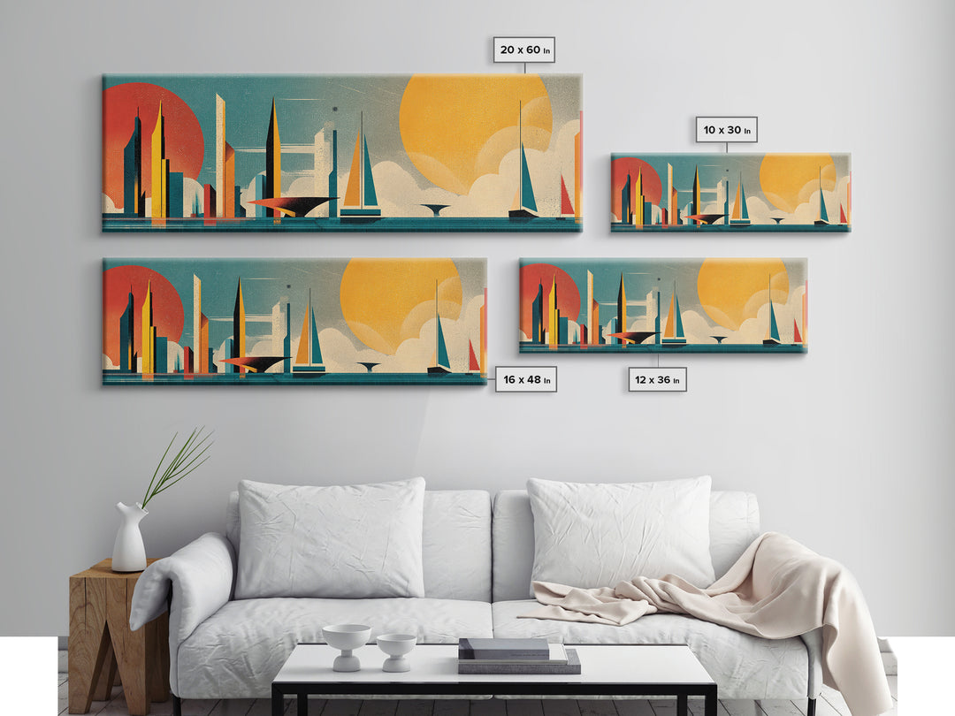 Futuristic Sailboat Skyline With Red And Yellow Suns Wall Art, Midcentury Modern Abstract Poster, Geometric Coastal Decor