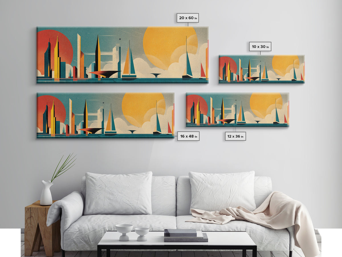 Futuristic Sailboat Skyline With Red And Yellow Suns Wall Art, Midcentury Modern Abstract Poster, Geometric Coastal Decor
