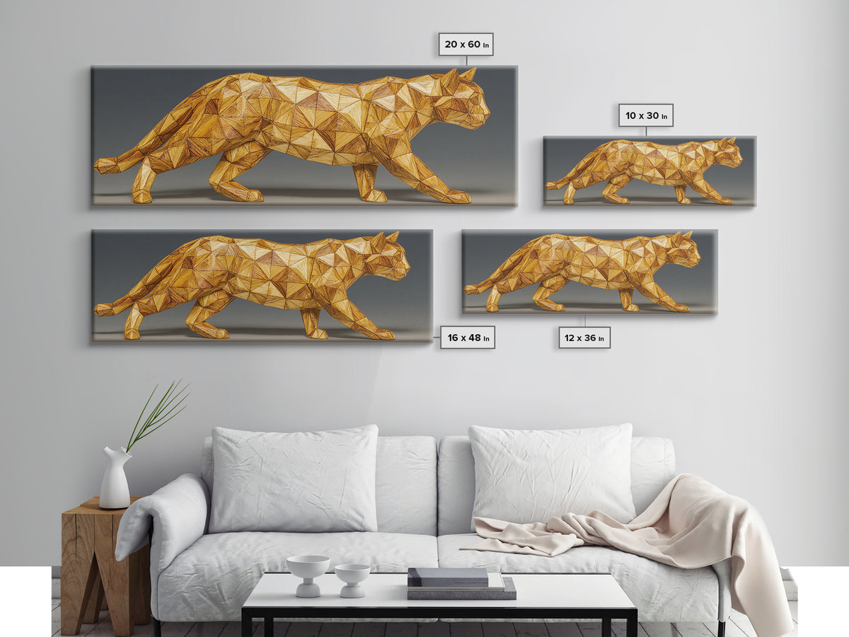 Golden Low Poly Panther Sculpture In Faceted Geometry, Framed Canvas Print, Modern Wall Art, Geometric Animal Decor Statement Poster