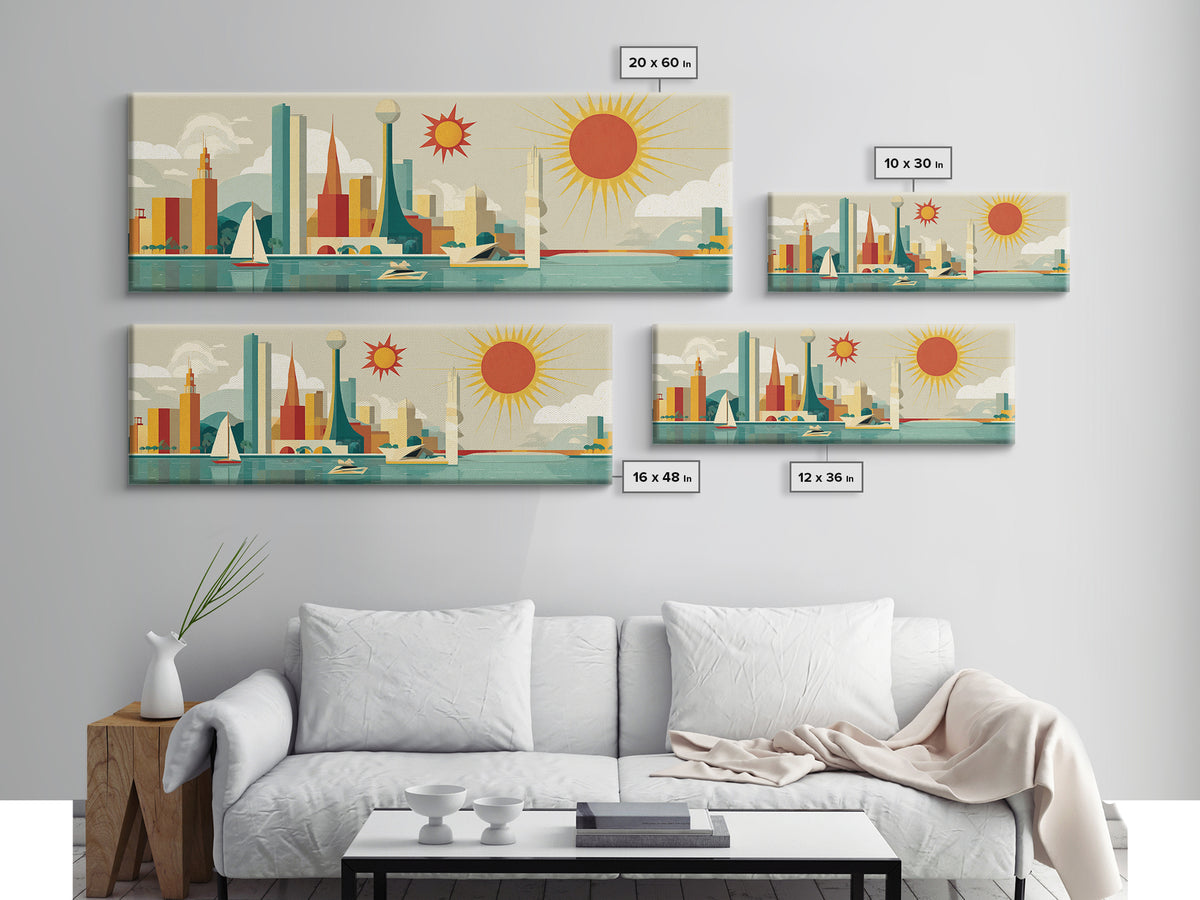 Modern Marina Skyline With Giant Sun Canvas Print, Midcentury Modern Wall Art, Retro Travel Poster, Coastal Home Decor Print