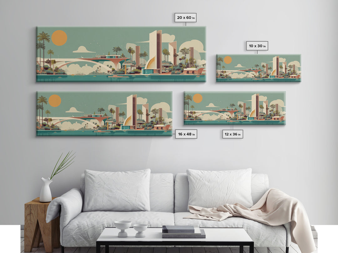 Retro Futurist Palm Springs Marina Wall Art, Mid Century Modern Canvas Print, Atomic Resort Decor, Orange Sun Large Poster