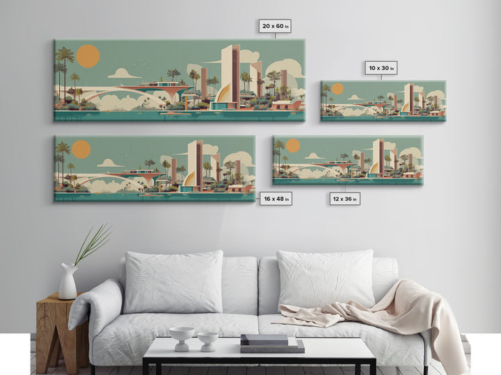 Retro Futurist Palm Springs Marina Wall Art, Mid Century Modern Canvas Print, Atomic Resort Decor, Orange Sun Large Poster