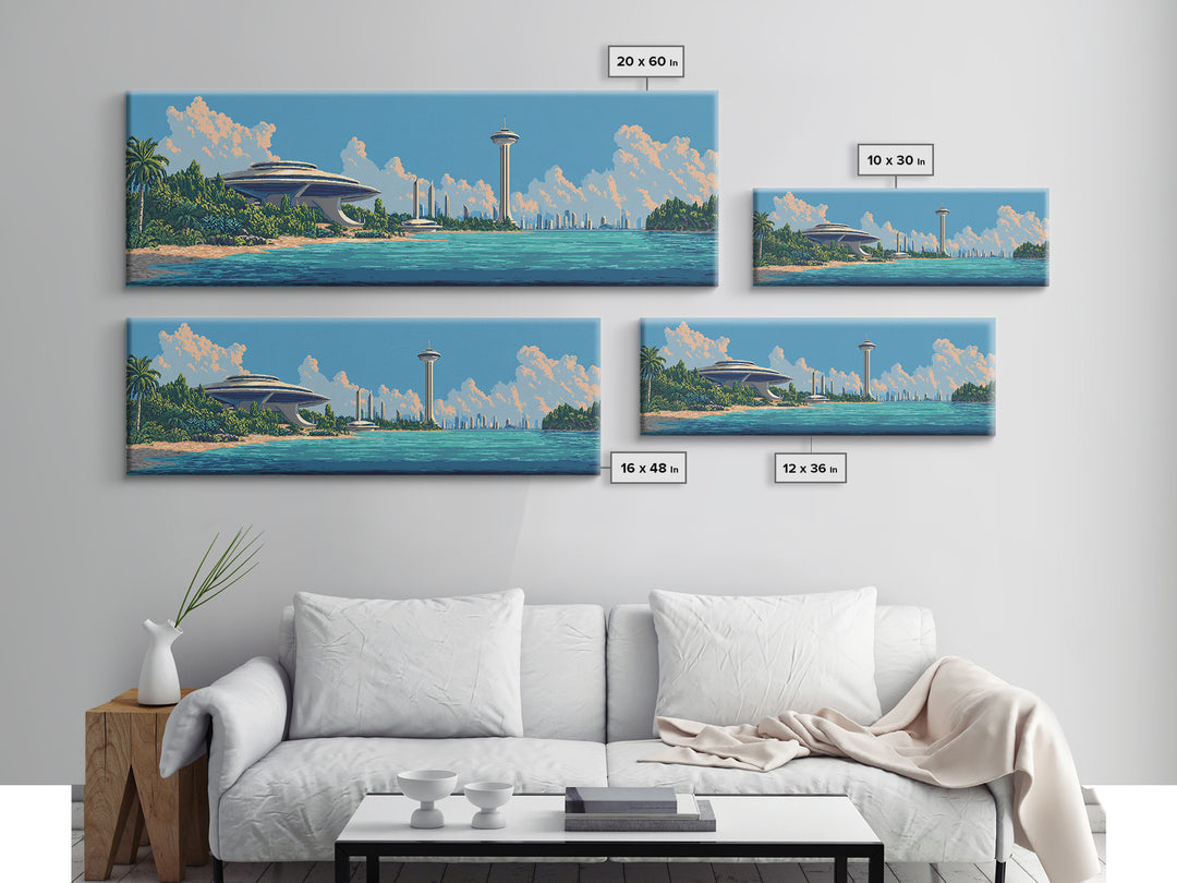 Retro Futuristic Seattle Skyline Large Canvas Print, Space Needle Wall Art, Midcentury Modern Decor, Sci Fi Travel Poster