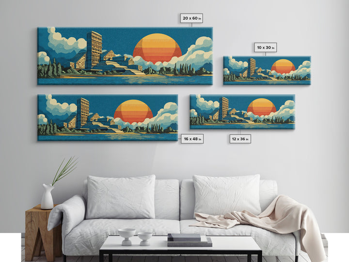 Mountain Lake Modernist Resort Wall Art, Midcentury Modern Canvas Print, Scenic Sunset Landscape, Large Retro Home Decor