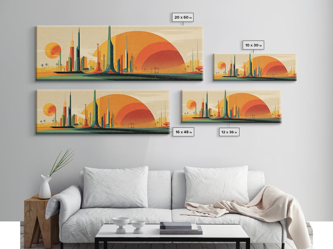 Futuristic Desert Skyline Canvas Print, Mid Century Modern Wall Art, Orange Sun Abstract Cityscape, Retro Sci Fi Poster Decor