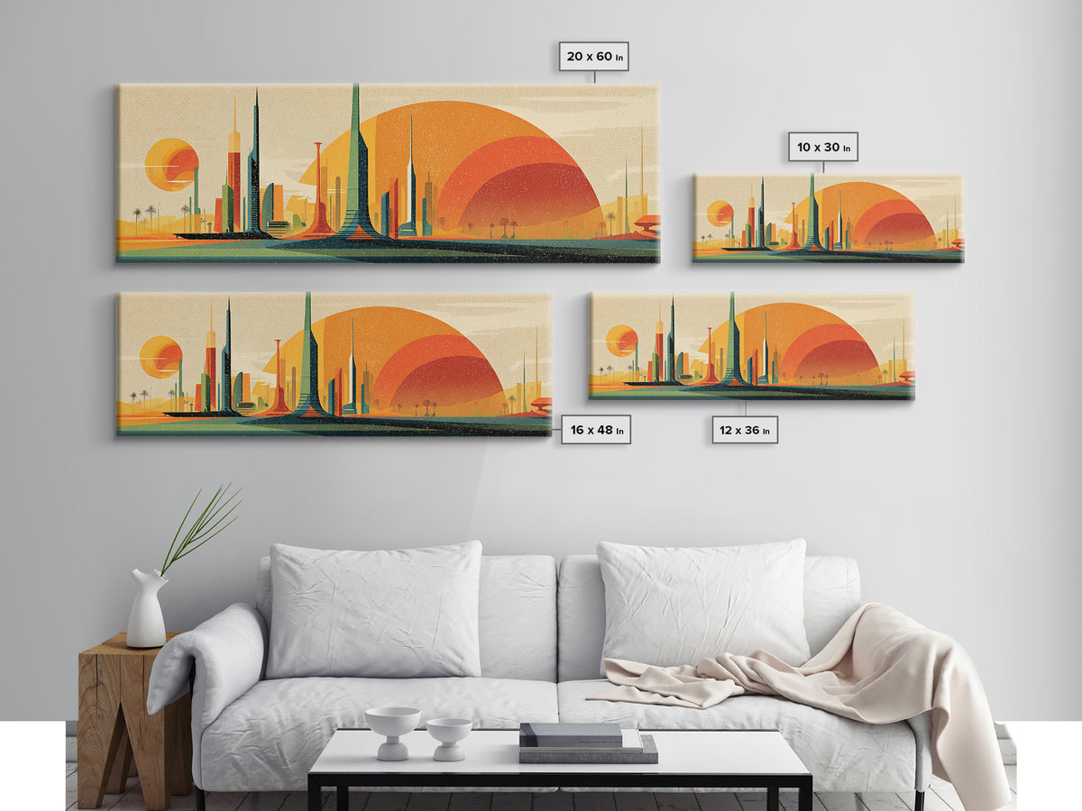 Futuristic Desert Skyline Canvas Print, Mid Century Modern Wall Art, Orange Sun Abstract Cityscape, Retro Sci Fi Poster Decor