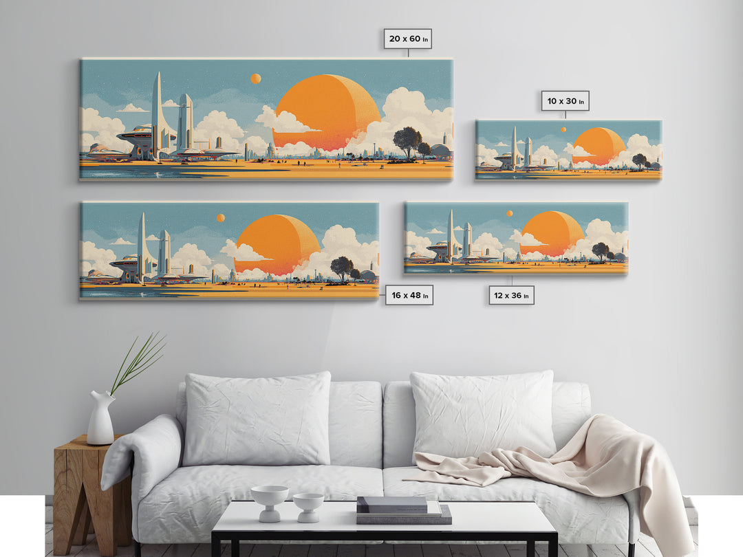Retro Futuristic Expo Skyline Wall Art, Midcentury Modern Canvas Print, Orange Sun Space Age Architecture Large Poster Decor