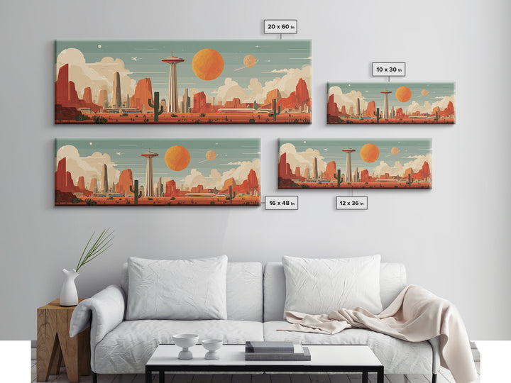 Retro Space Needle Desert Wall Art, Midcentury Modern Canvas Print, Orange Planet Cityscape, Southwestern Sci Fi Poster Decor