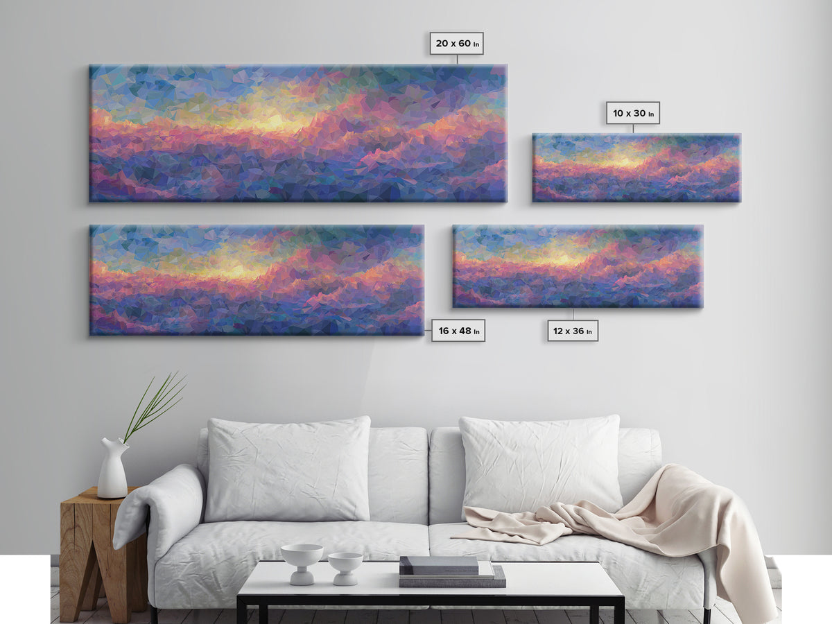 Pastel Low Poly Mountain Sunrise Wall Art, Colorful Landscape Print, Modern Abstract Art, Bedroom Decor, Large Canvas Poster
