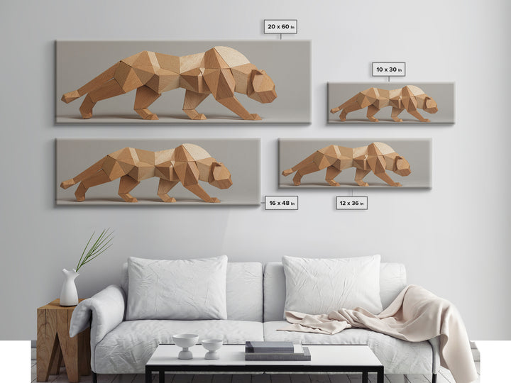 Neutral Low Poly Big Cat Sculpture With Faceted Forms, Canvas Print, Modern Geometric Wall Art, Minimalist Animal Decor Poster