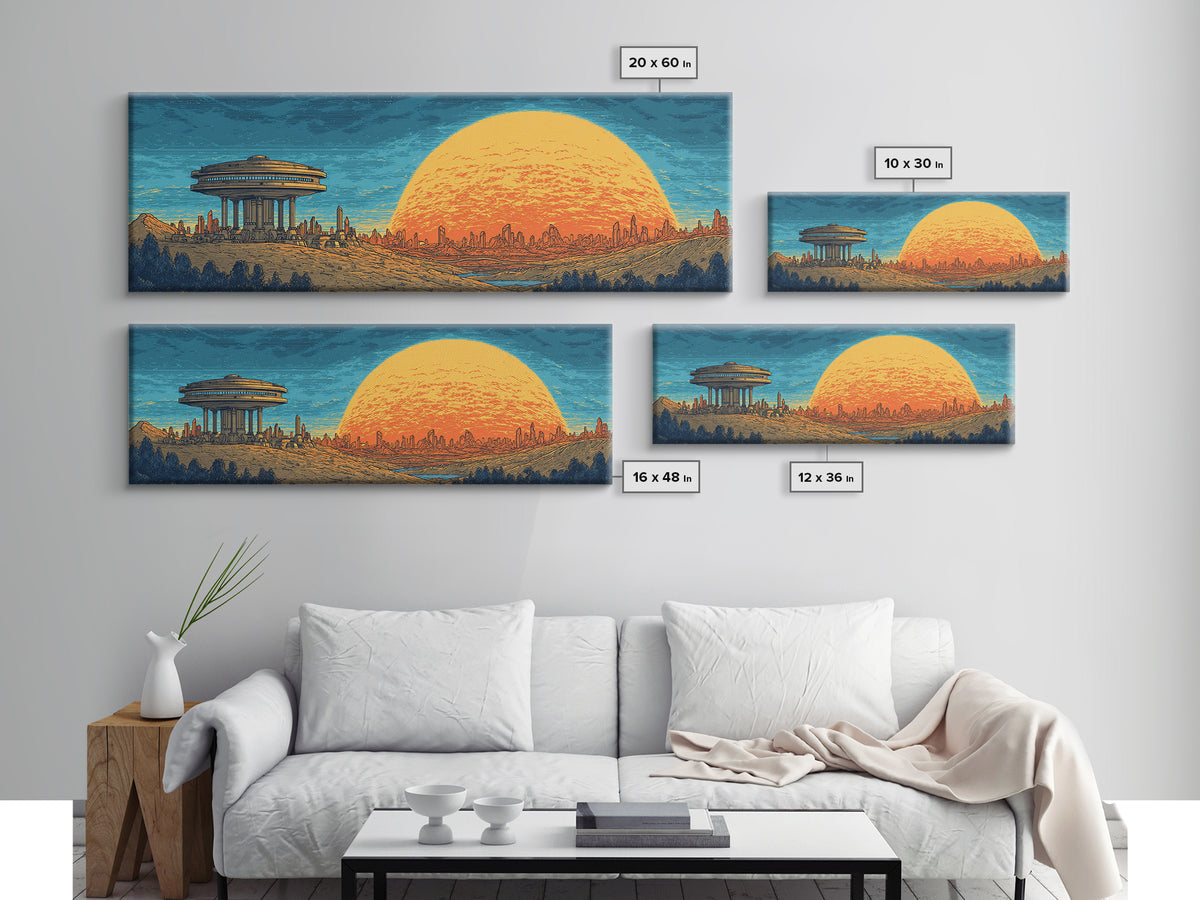 Alien Desert City Sunset Wall Art, Retro Futuristic Canvas Print, Mid Century Modern Sci Fi Landscape, Orange Sun Poster Decor