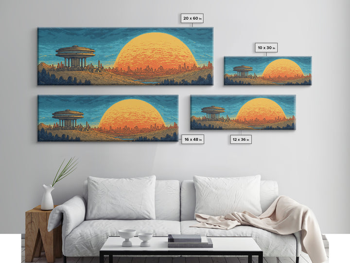 Alien Desert City Sunset Wall Art, Retro Futuristic Canvas Print, Mid Century Modern Sci Fi Landscape, Orange Sun Poster Decor