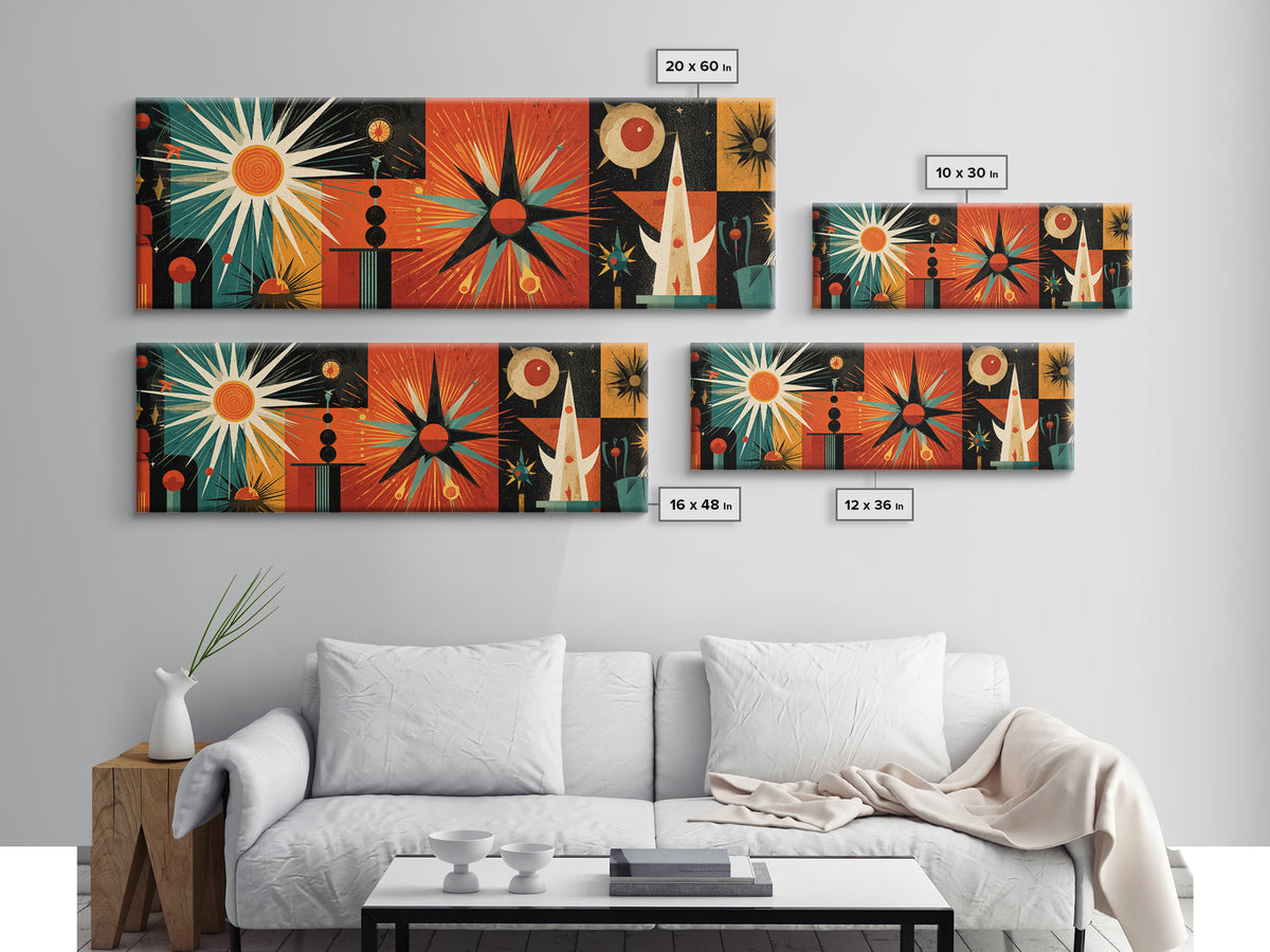 Orange Teal Atomic Sunburst Canvas Print, Midcentury Modern Geometric Space Age Poster, Bold MCM Wall Decor For Office Home