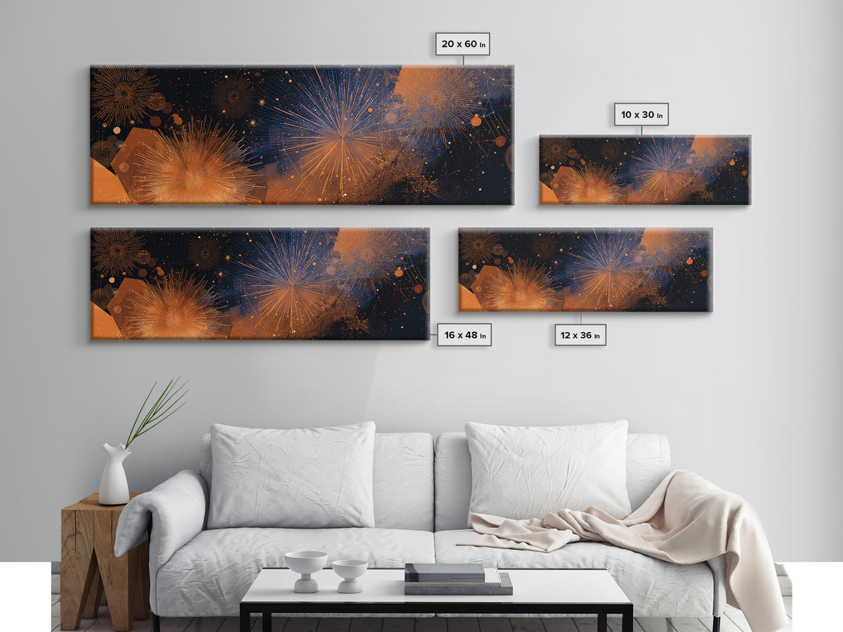Orange Gold Firework Night Sky Canvas Print, Modern Abstract Celestial Wall Decor, Cosmic Retro Art For Living Room Poster
