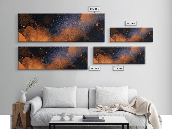 Orange Gold Firework Night Sky Canvas Print, Modern Abstract Celestial Wall Decor, Cosmic Retro Art For Living Room Poster