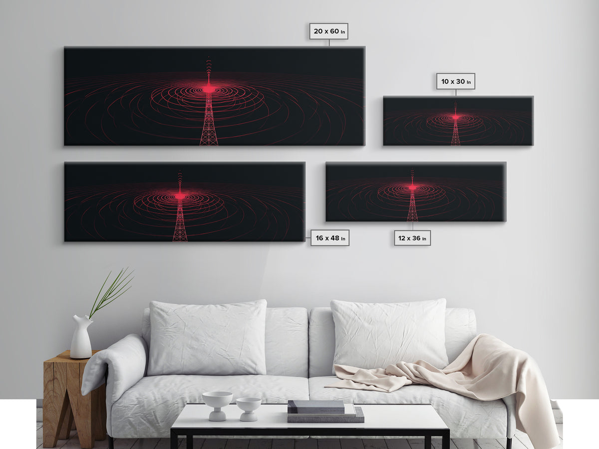 Red Radio Tower With Concentric Signal Rings Wall Art, Futuristic Retro Abstract Print, Modern Wall Decor, Large Sci Fi Retro Art
