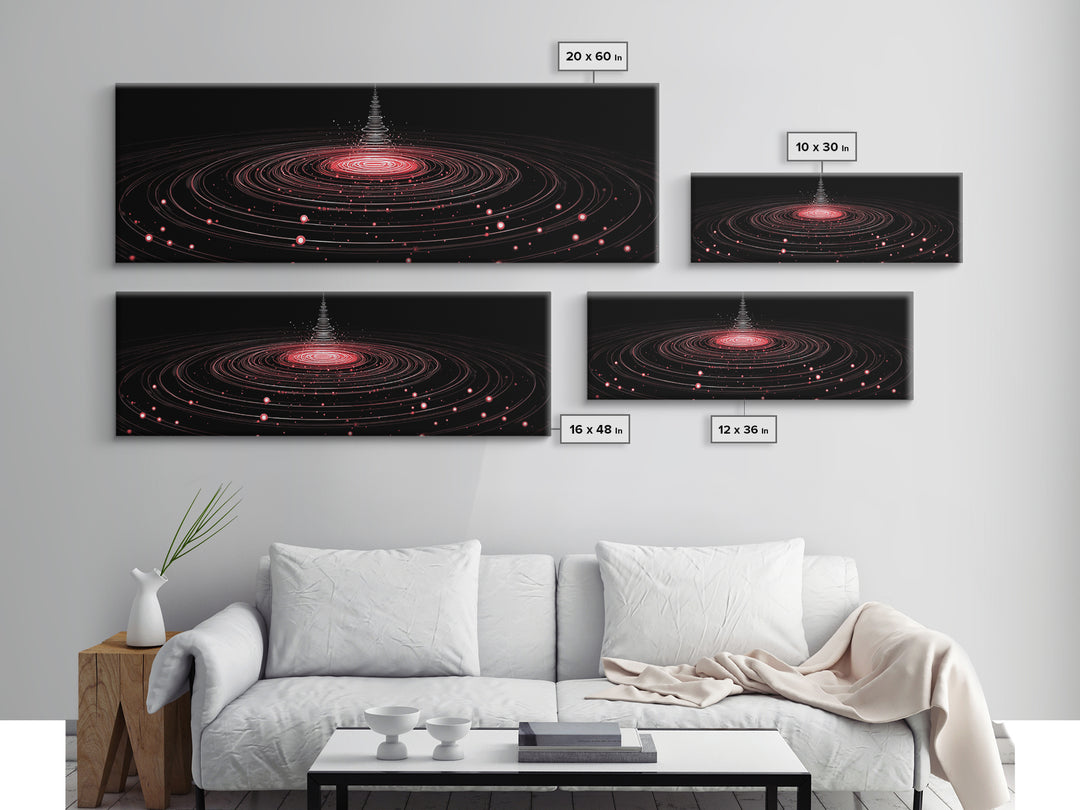 Red Orbital Light Rings In Black Space Canvas Print, Futuristic Abstract Art, Modern Wall Decor, Retro Sci Fi Poster, Digital Art Print