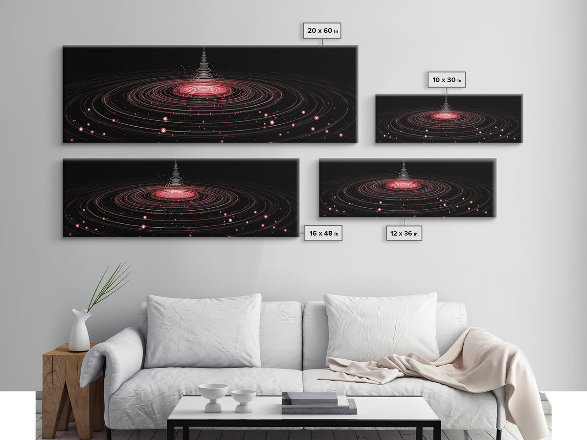 Red Orbital Light Rings In Black Space Canvas Print, Futuristic Abstract Art, Modern Wall Decor, Retro Sci Fi Poster, Digital Art Print